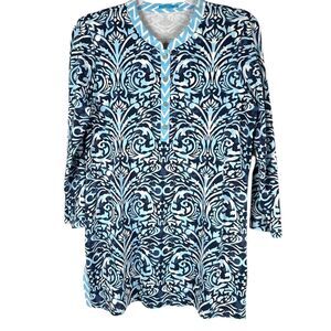 J. McLaughlin Stretch Knit Blue Damask Print 3/4 Sleeve Tunic Top Size Medium